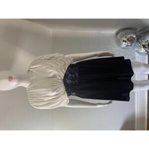 Vntg 80s Sequin Waist Black White Mini Cocktail Dress Draped Bodice Sequin